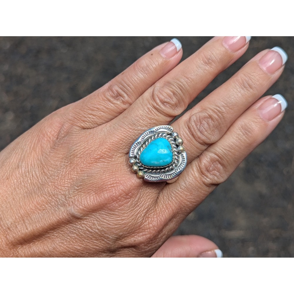 Navajo Ring Sterling Silver Turquoise Handmade Native Am Signed Jewelry Sz 12US*